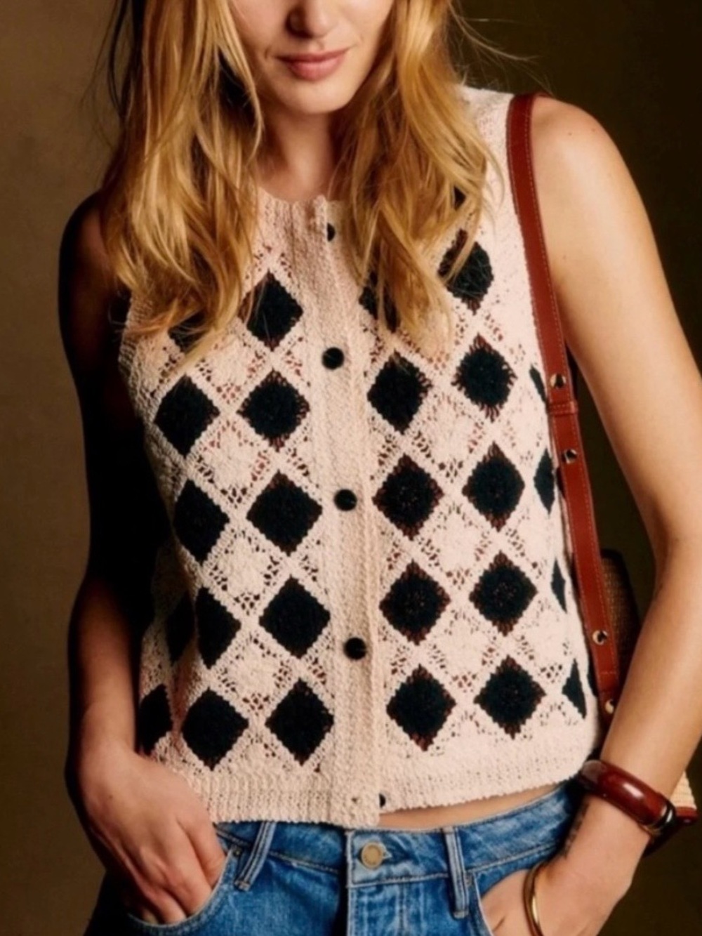 Sézane Ron Knit Vest Top Diamond Pattern